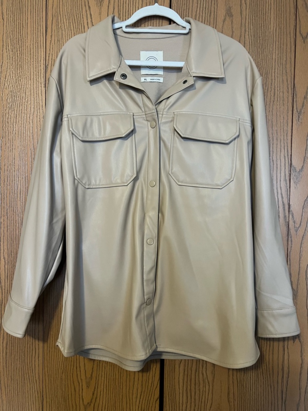 Faux Leather Shacket in Beige Button Up